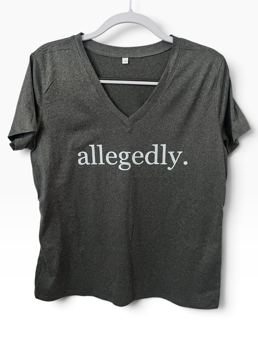 V-Neck 'allegedly.' Graphic Tee - Charcoal